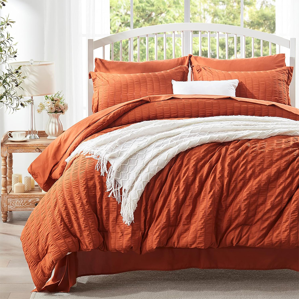 Solid Seersucker Comforter 세트 베개 가짜 및 시트 세트와 함께 7pcs 이불